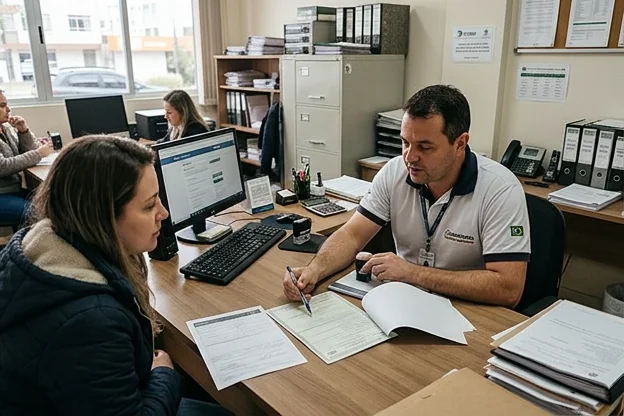 Profissional de despachante explicando o processo de transferência de veículos.
